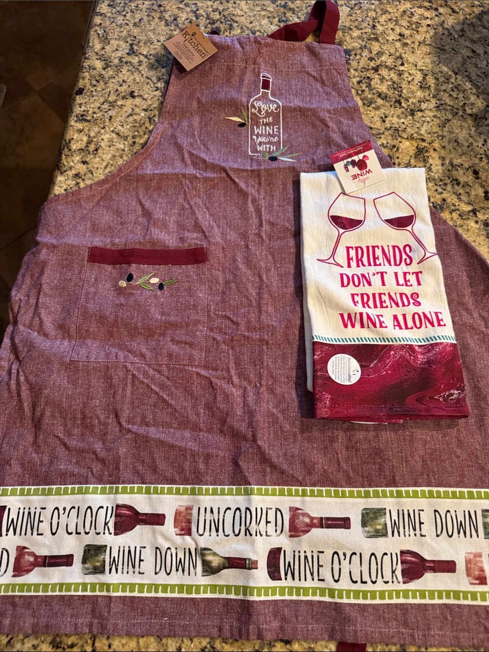 Wine-Themed Burgundy Kitchen Apron and Towel Set